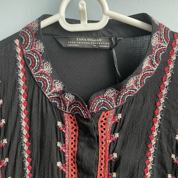 Zara Premium Floral Embroidered Button Down Boho Top Blouse Ruffled M - Picture 4 of 11
